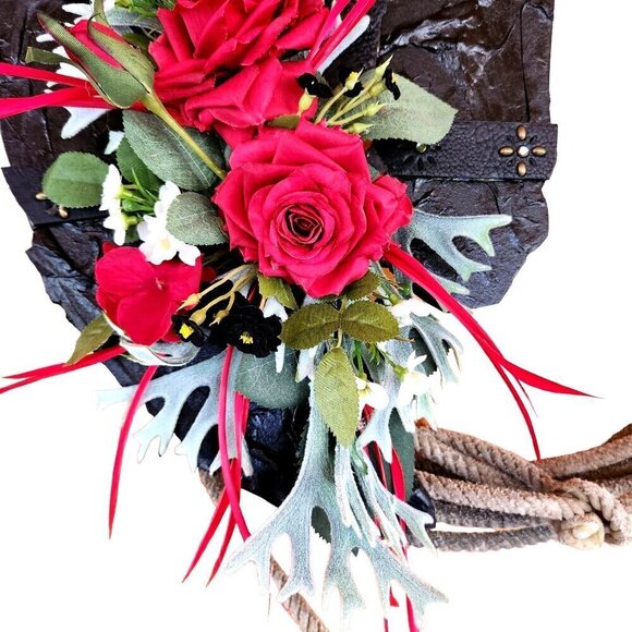 Artificial Floral Wreath With Red Roses & Greenery On Black Textured Base & Rope - Picture 9 of 14